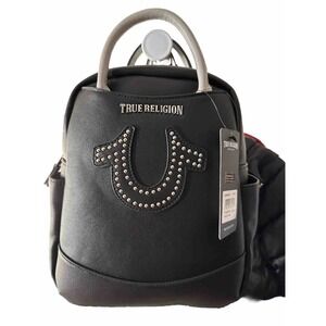 True Religion Backpack purse bag Black Silver Zip close Pockets Stud Logo NWT